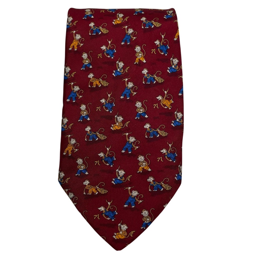 Pura Seta Mens Monkey Print Silk Tie Burgundy Red Italy Novelty Funny Office